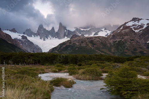 River flowing from the foot of Mount Fitzroy. Patagonia. Argentina.