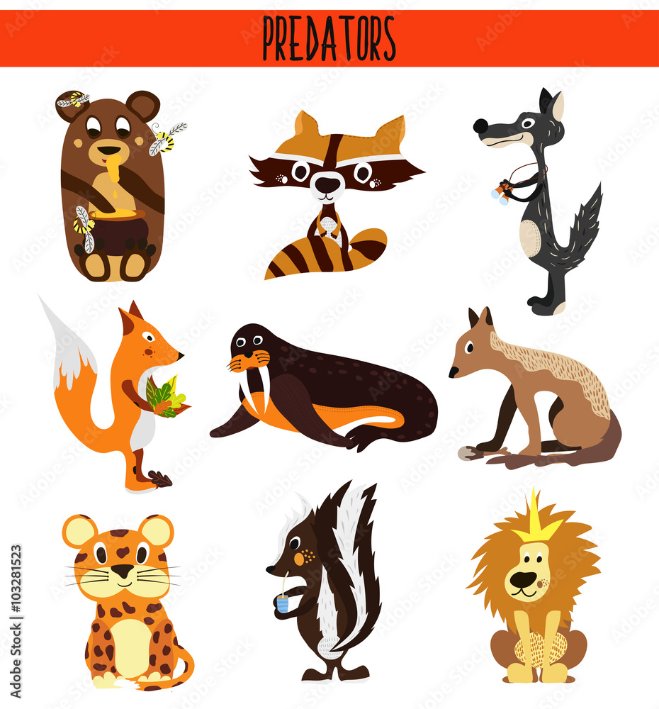 Cartoon Set of Cute Animals predators living in different parts of the