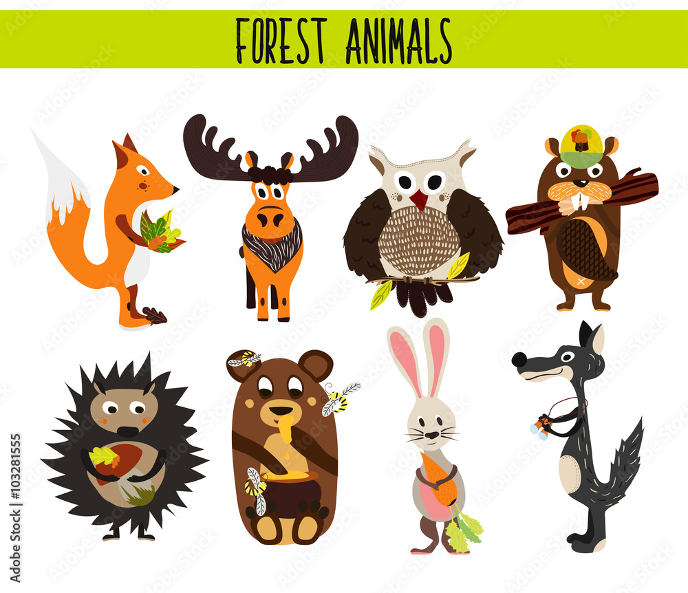 Fototapeta premium Cartoon Set of Cute Woodland and Forest Animals moose, owl, wolf, Fox, rabbit, beaver, bear, moose isolated on a white background. Vector