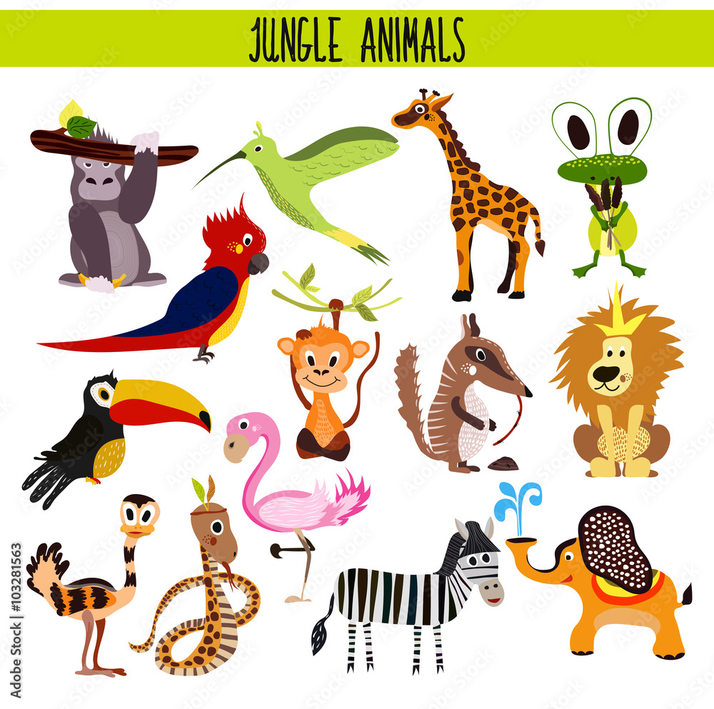 Cartoon Set of Cute Animals monkey, lion, Zebra, elephant, snake and bird  Toucan, Flamingo, humming bird tropical jungle and wet forests isolated on  white background. Vector Stock Vector | Adobe Stock