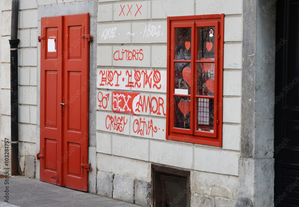 Red door and window on a gray wall. Street art. Graffiti. Sex shop.
