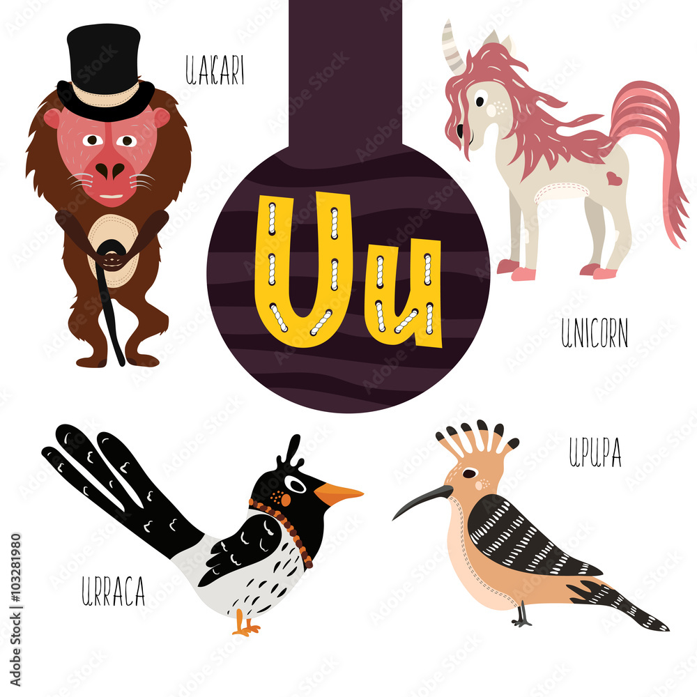 Fun animal letters of the alphabet for the development and learning of  preschool children. Set of cute forest, domestic and marine animals with  the letter u. Vector Stock Vector | Adobe Stock