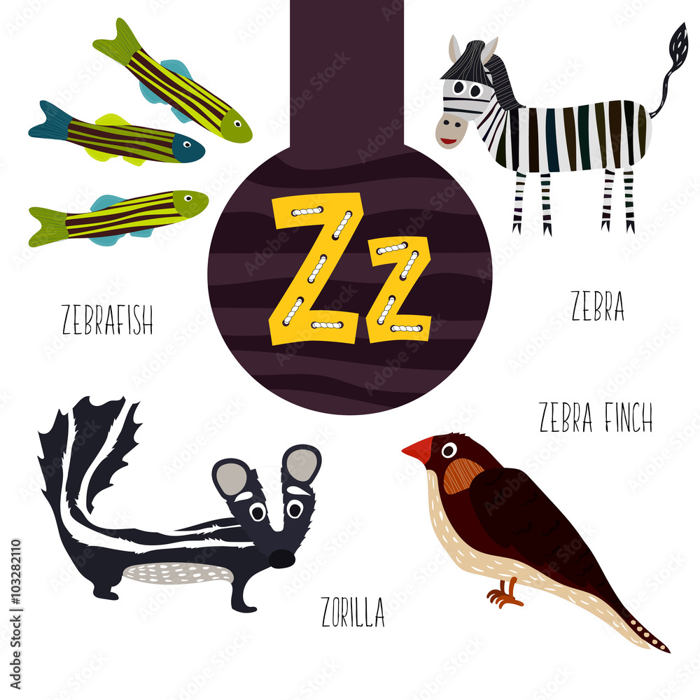 Fun animal letters of the alphabet for the development and learning of  preschool children. Set of cute forest, domestic and marine animals with  the letter z. Vector Stock Vector | Adobe Stock