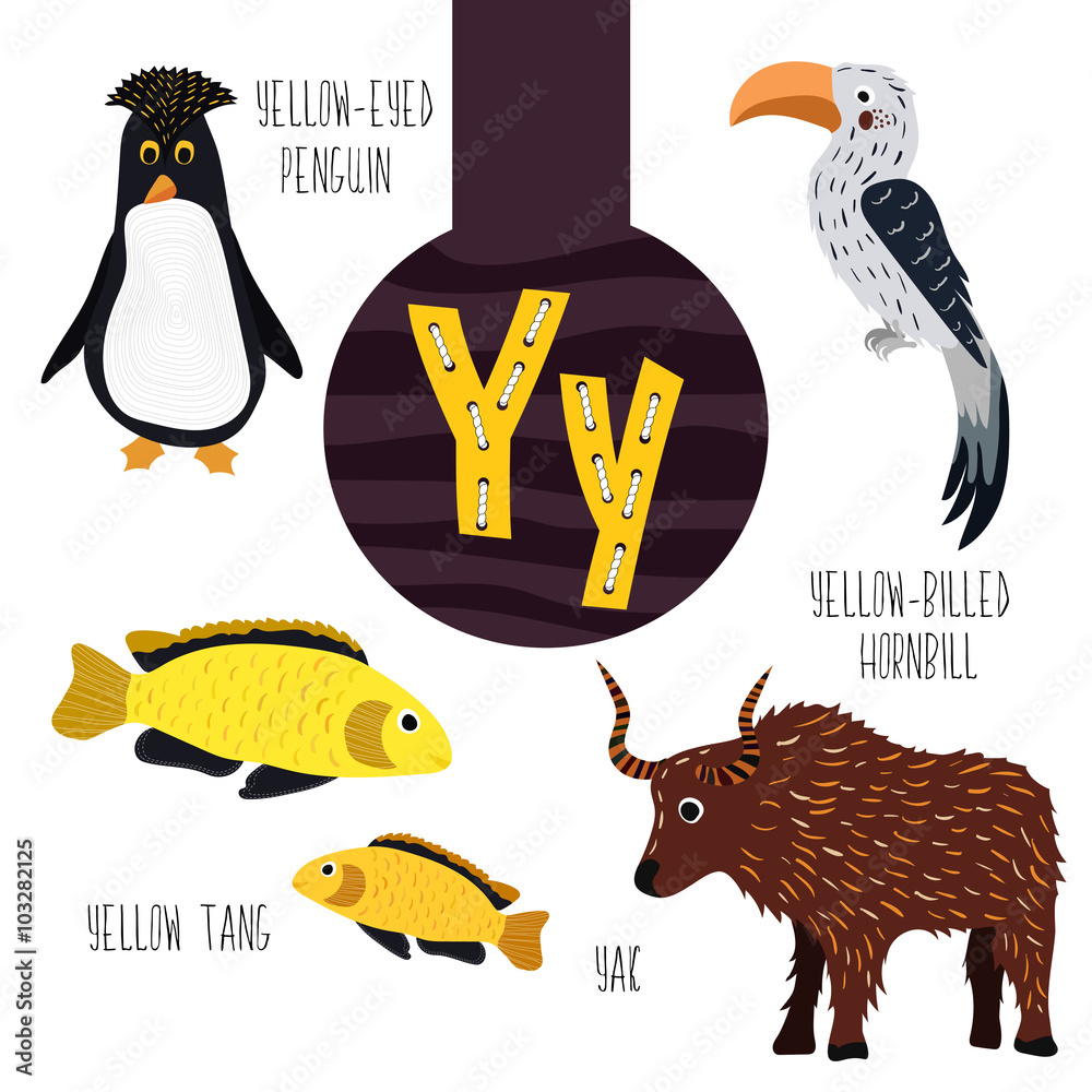 Fun animal letters of the alphabet for the development and learning of  preschool children. Set of cute forest, domestic and marine animals with  the letter y. Vector Stock Vector | Adobe Stock