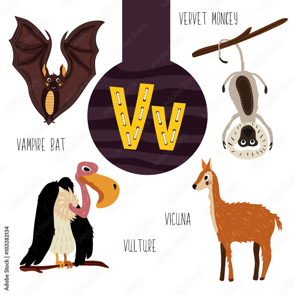 Fun animal letters of the alphabet for the development and learning of  preschool children. Set of cute forest, domestic and marine animals with  the letter v. Vector Stock Vector | Adobe Stock