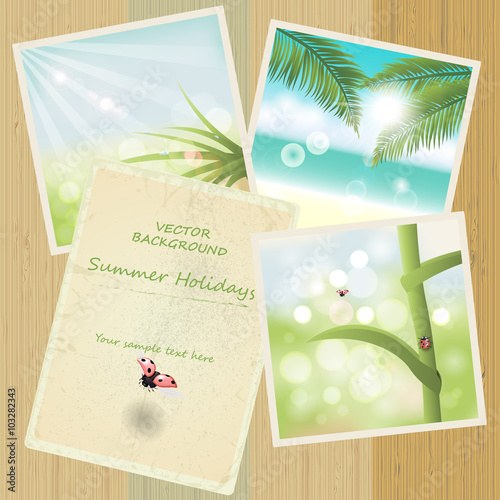 Photo of summer vacation on a wooden background with flying lady