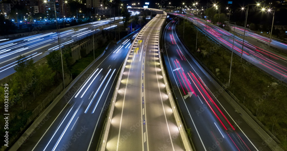 Cinemagraph night scene time lapse traffic and roads top view, of entry and exit of Barcelona.Time Lapse - Long exposure - 4K Cinemagraph night scene time lapse traffic and roads top view, of entry and exit of Barcelona.Time Lapse - Long exposure - 4K