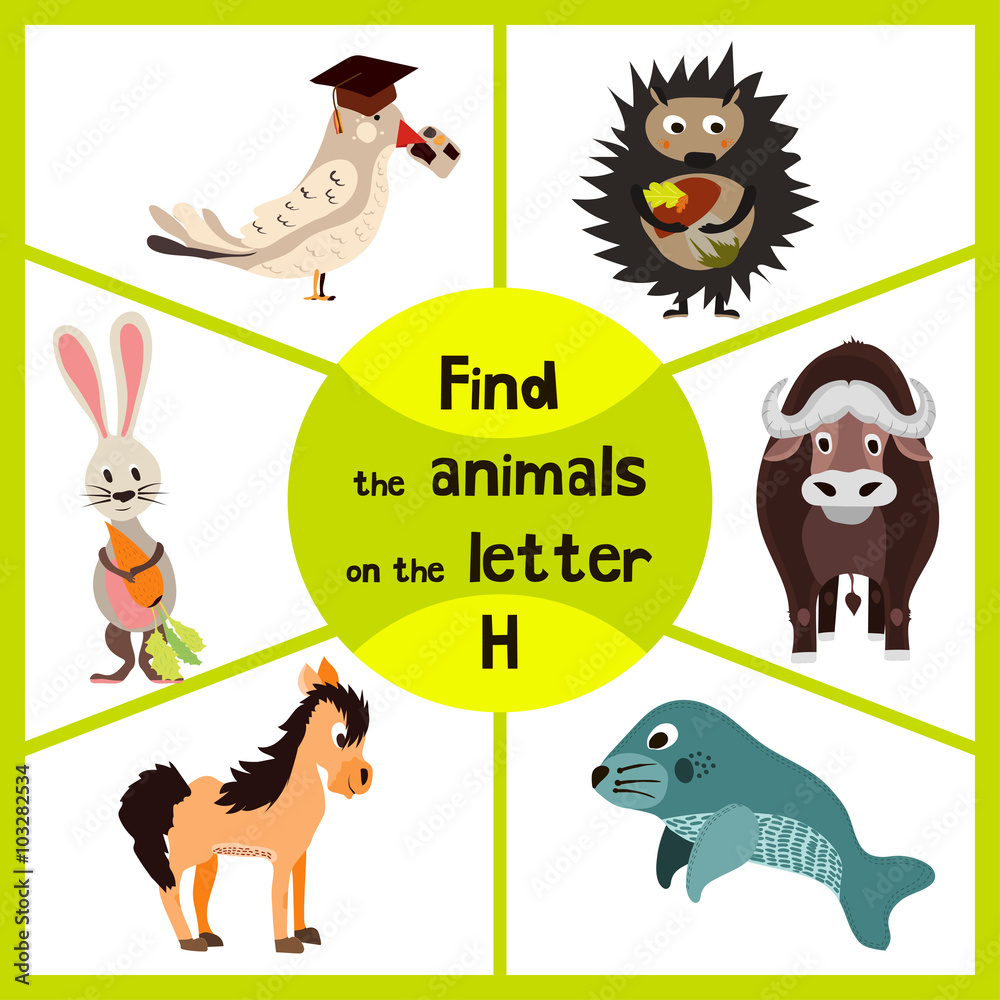Funny learning maze game, find all of cute wild animals 3 the letter H,  forest hedgehog and the hare, a horse farm home. Educational page for  children. Vector Stock Vector | Adobe Stock