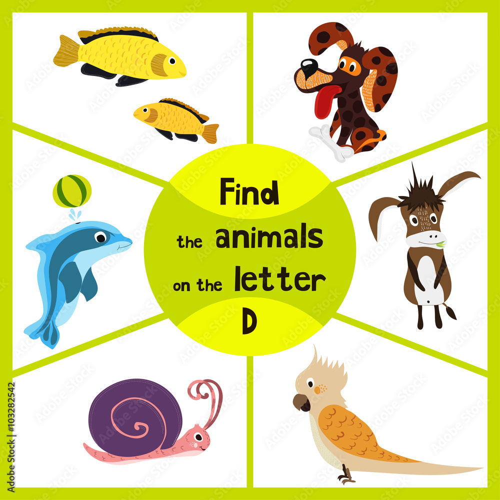 Funny learning maze game, find all 3 cute animals with the letter D, a  Dolphin, a dog and a donkey. Educational page for children. Vector Stock  Vector | Adobe Stock