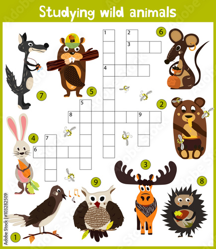 A colorful children's cartoon crossword, education game for children on the theme of exploring different species of wild animals of the woods, find a bear, wolf, hares and hedgehogs . Vector