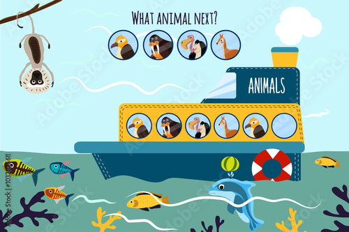 Cartoon Vector Illustration of Education will continue the logical series of colourful animals on a ship in the ocean among sea fishes. Matching Game for Preschool Children. Vector