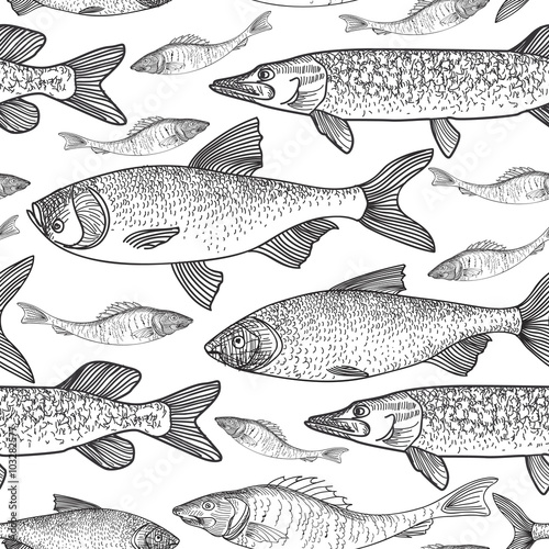 Fish seamless background. Sketch underwater marine life pattern. Swimming fish sketch