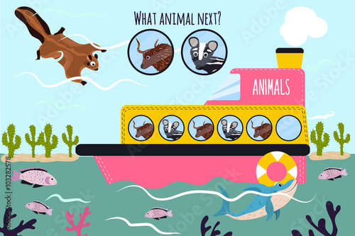 Cartoon Vector Illustration of Education will continue the logical series of colourful animals on a boat in the ocean among sea fishes and deserts. Matching Game for Preschool Children. Vector