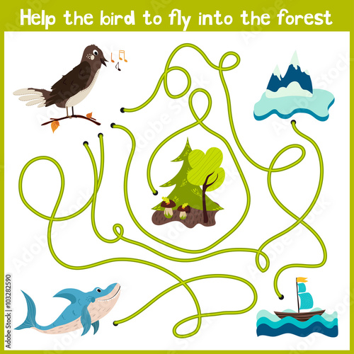 Cartoon of Education will continue the logical way home of colourful animals. Help the bird Nightingale to get home in the wild forest. Matching Game for Preschool Children. Vector