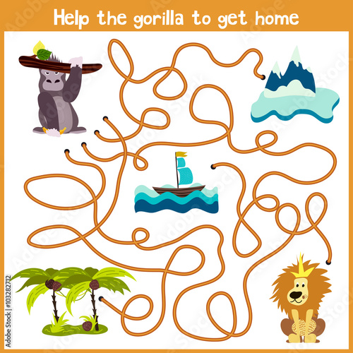 Cartoon of Education will continue the logical way home of colourful animals.Help me get the gorilla home in the tropical jungle on the right path. Matching Game for Preschool Children. Vector