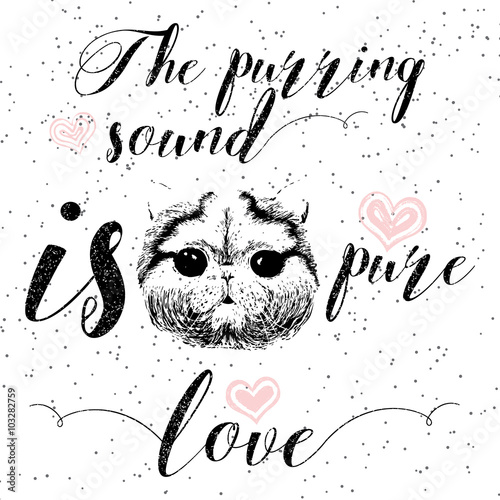 The purring sound is pure love, greeting card and motivational quote for pet lovers with typographic design. Cute friendly smiling cat face with hearts and sparkle. Hand lettered message, calligraphy.