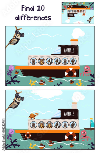 Cartoon of Education to find 10 differences in children's pictures of the boat with the animals of the wild jungle among the sea waters . Matching Game for Preschool Children. Vector