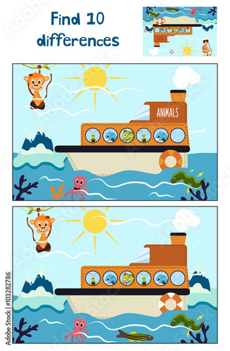 Cartoon of Education to find 10 differences in children's pictures, the boat floats with forest animals around the Antarctic and glaciers . Matching Game for Preschool Children. Vector