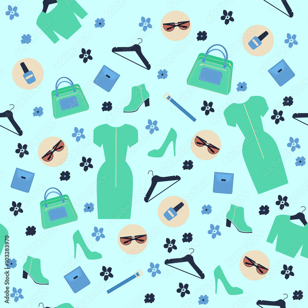 Spring Shopping Seamless Pattern. Accessories, Clothing and Fashion Spring Shopping Seamless Pattern. Accessories, Clothing and Fashion
