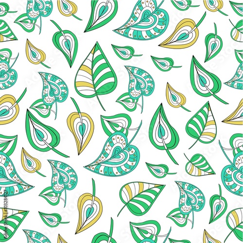 Vector seamless pattern of leaf decorative graphic. Different colored hand drawn leaves. Vector illustration of textile graphic. Seamless background