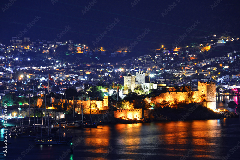 View of Bodrum harbor and Castle of St. Peter by night