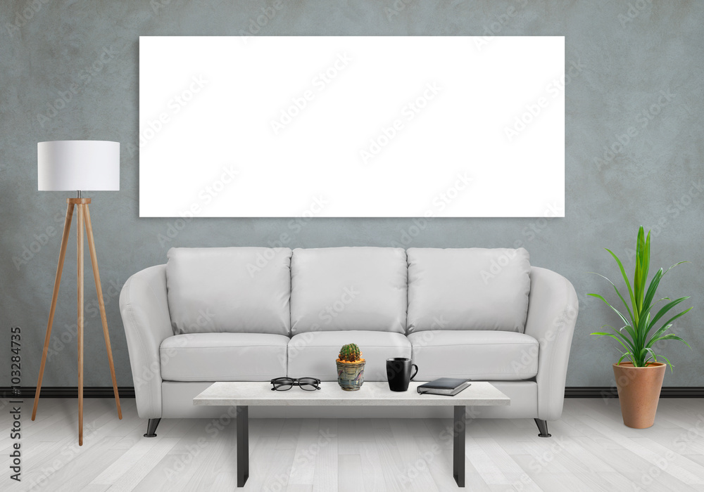 Isolated one wide wall art canvas. Sofa, lamp, plant and table in room interior. - obrazy, fototapety, plakaty 