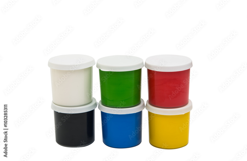 Watercolor paint in buckets isolated on white background. Art pa