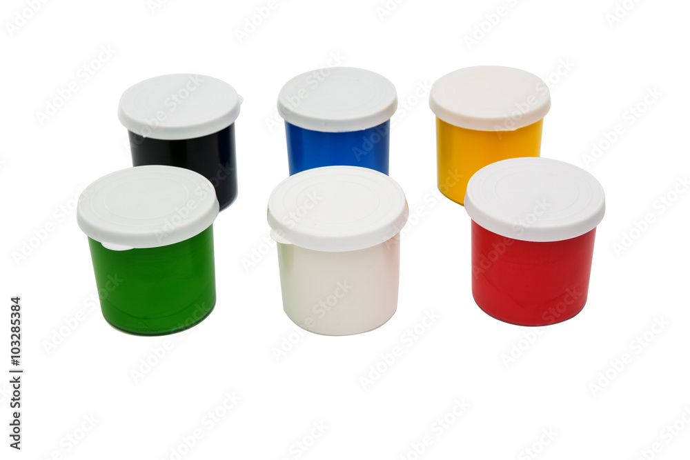 Watercolor paint in buckets isolated on white background. Art pa Watercolor paint in buckets isolated on white background. Art pa