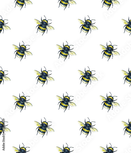 Bumblebee on a white background. Watercolor drawing. Insects art. Handwork. Seamless pattern