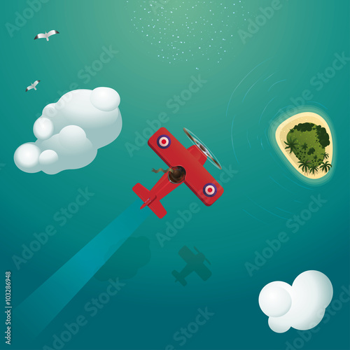 Vector illustration of airplane flying over tropical sea on top view