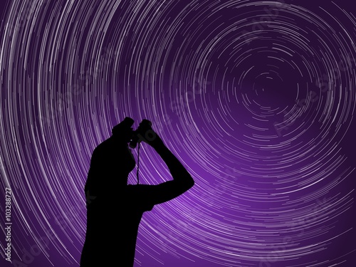 Silhouette of man observing night sky. Startrails around Polaris star. Vector illustration.