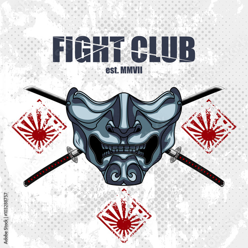 Fight club emblem with samurai half mask and katanas