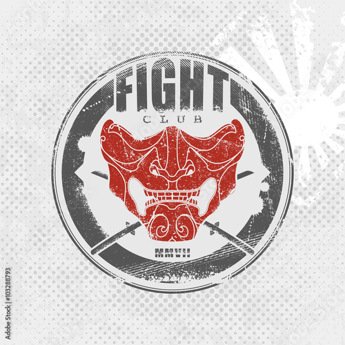 Grunge Fight club emblem with samurai half mask and katanas