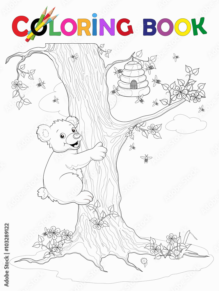 Ausmalbild Bär klettert am Baum zum Honigkorb
Vektor Illustration isoliert auf weiß