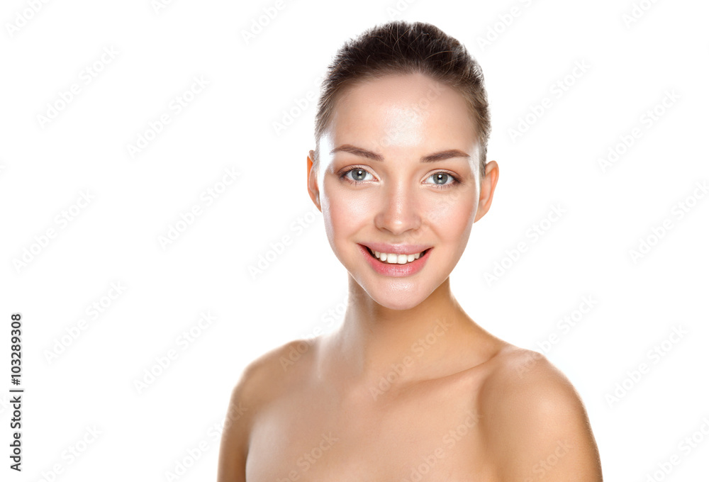 Close up portrait of beautiful young woman face. Isolated on white background. Close up portrait of beautiful young woman face. Isolated on white background.