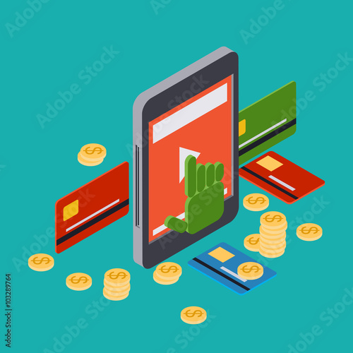 Online banking, mobile bank, money transfer, pay per click vector concept