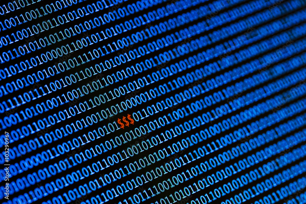 Red dollar sign on computer screen with binary code all around. Stock ...
