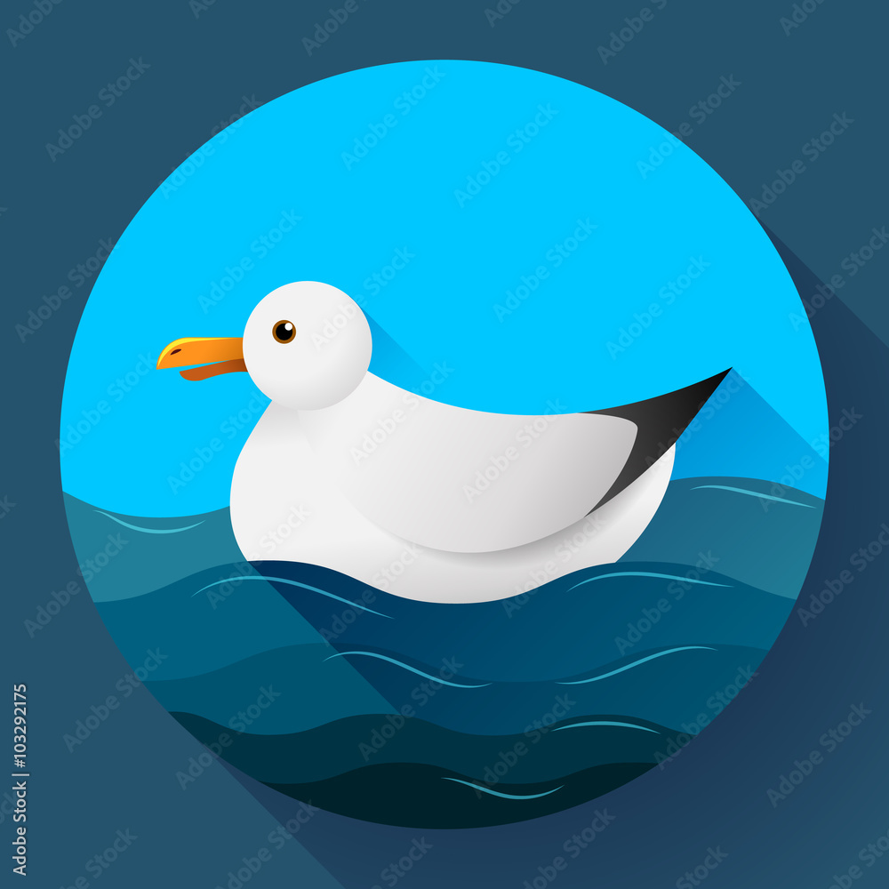 Flat seagull character icon on blue sea background Flat seagull character icon on blue sea background