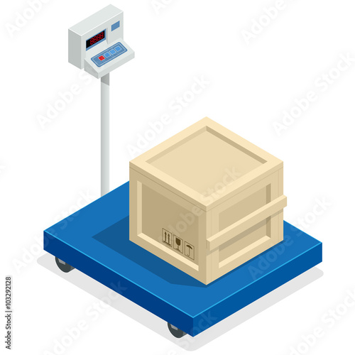 Scales for weighing heavy objects and goods. Box and cargo, package and freight, parcel and product, load packaging, order and import, logistic. Flat 3d isometric vector illustration for infographic