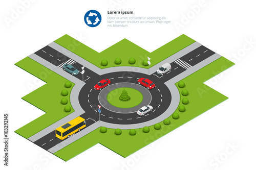 Roundabout, cars, roundabout sign and roundabout road. Asphalted Road Circle. Vector isometric illustration for infographics. City traffic.