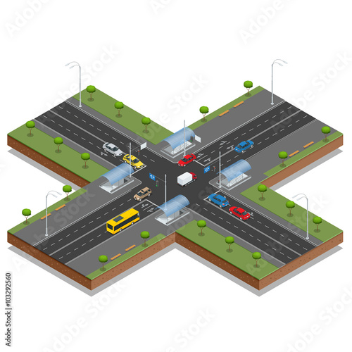 Crossroads and road markings isometric vector illustration. Transport car, urban and asphalt, traffic. Crossing Roads Road Intersection with pedestrian subway.