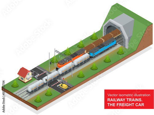 Vector isometric illustration of a railway junction. Railway junction consist of Rail covered wagon, Diesel Locomotive, railway tunnel, Railway crossing, and Railway tank for fuel.