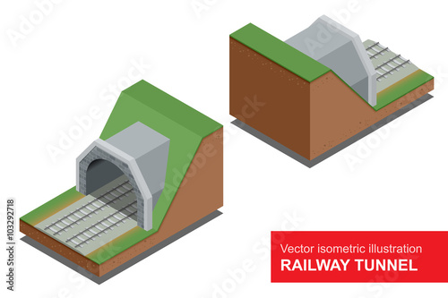 Vector isometric illustration of  railway tunnel. A railway level crossing, with barriers closed and lights flashing. 