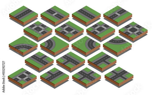 Road elements. City map creation kit. Isometric vector illustration.
