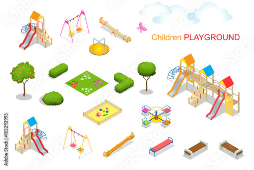Children playground. Flat 3d isometric vector illustration for infographics. Swing carousel sandpit  slide rocker  rope ladder bench. 