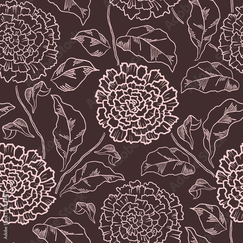 Vintage floral seamless pattern with hand-drawn dahlia flowers.