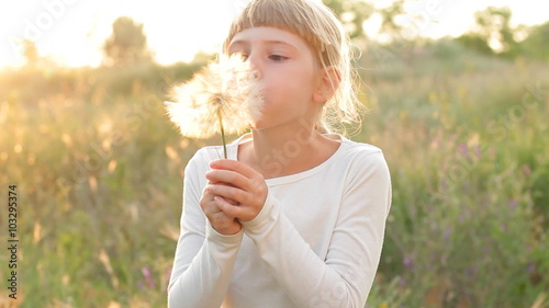 Cheerful little girl funny blowing giant dandelion, happy child having fun and playing outdoor, summer nature