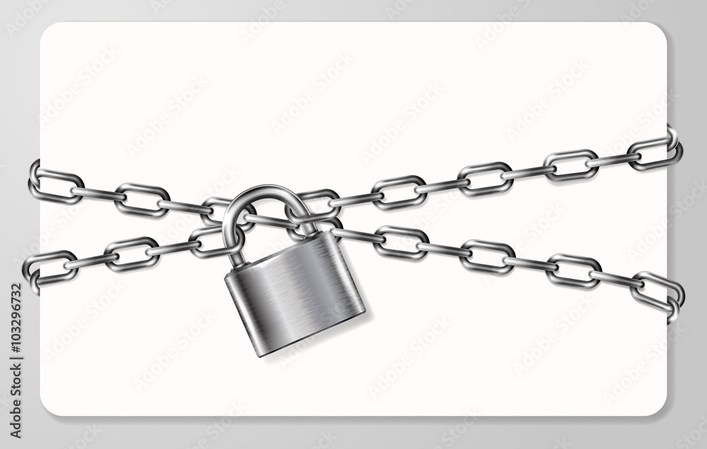 The gray metal chain and padlock, handcuffed card, vector illustration