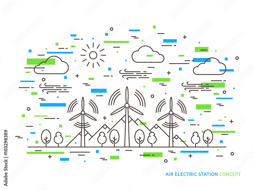 Vecteur Stock Linear air electric station (wind energy park, wind power  station) vector illustration. Air energy (wind-energetic, wind-driven)  creative concept. Air electricity graphic design. | Adobe Stock