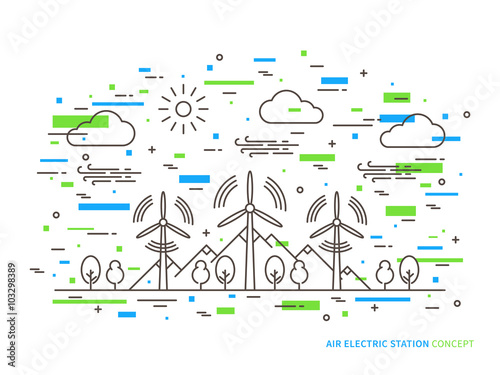 Linear air electric station (wind energy park, wind power station) vector illustration. Air energy (wind-energetic, wind-driven) creative concept. Air electricity graphic design.
